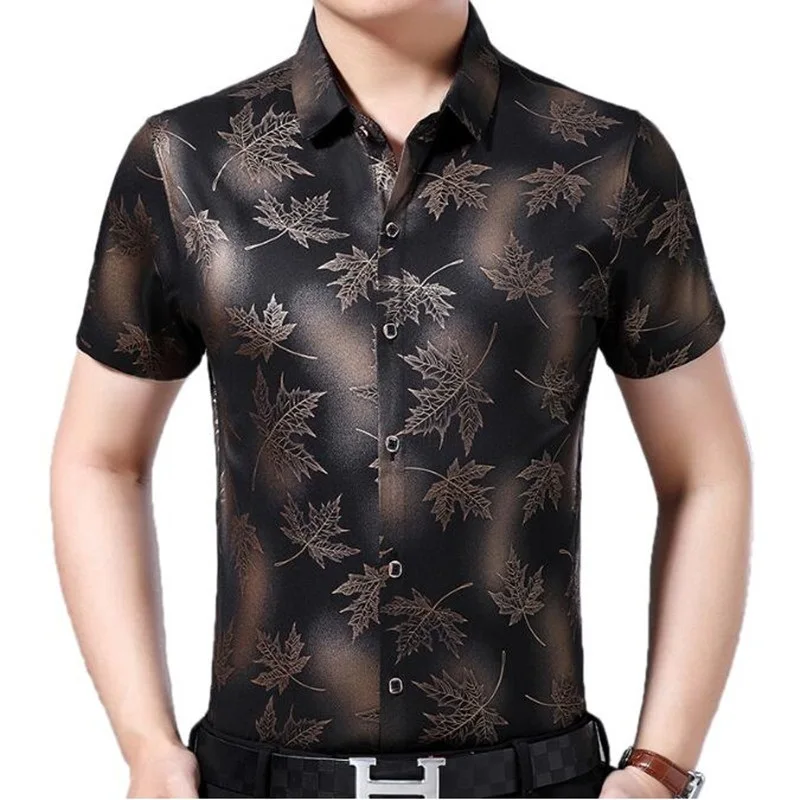 

Рубашка мужская приталенная с принтом кленовых листьев, модная сорочка с короткими рукавами, сорочка из джерси в винтажном стиле