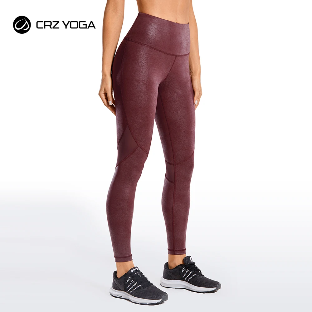CRZ YOGA Women's Matte Coated Faux Leather Texture Legging Workout Mesh Tight Pants with Drawcord-25 inches