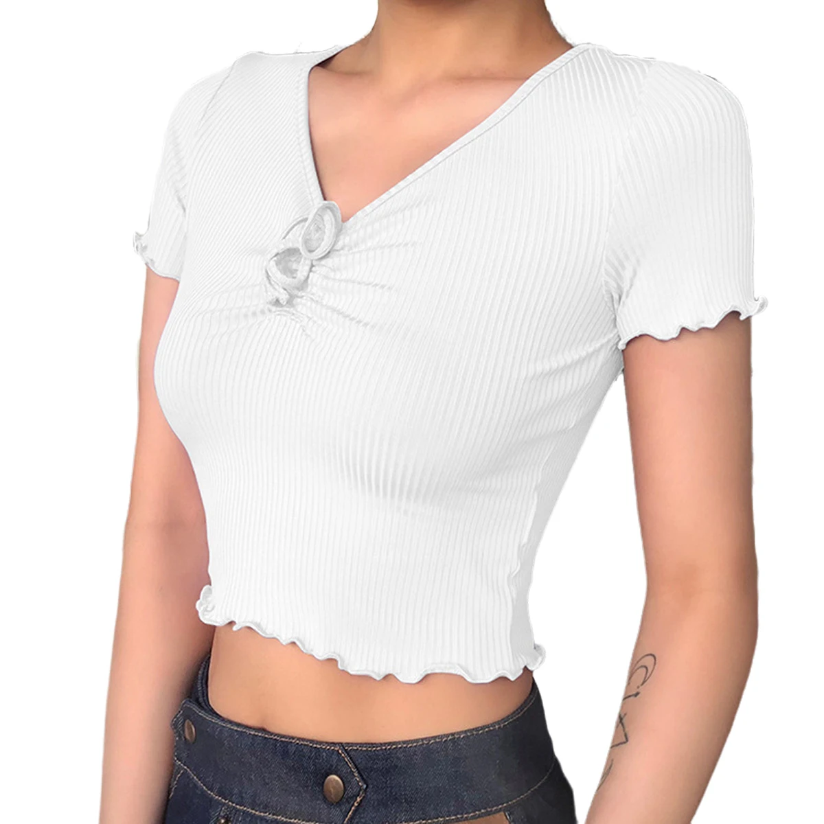 

Women's Solid Push Up T-shirts Female Skinny V-neck T-Shirt Bowknot Pleated Cuffs Slim Short Tops Crop Tank Tops Summer Clothes