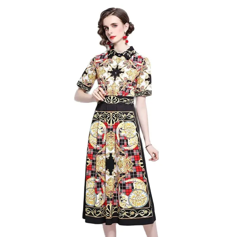 

Designed Temperament Printed Dresses High End Lapel Short Sleeves Mid Length Womens Clothing