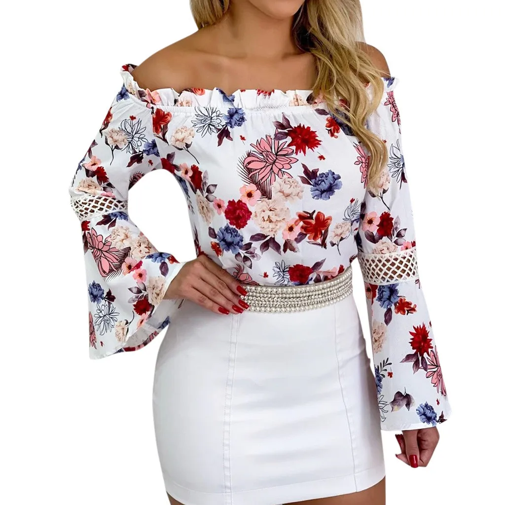 Женская Летняя Расклешенная футболка с цветочным принтом Сексуальная