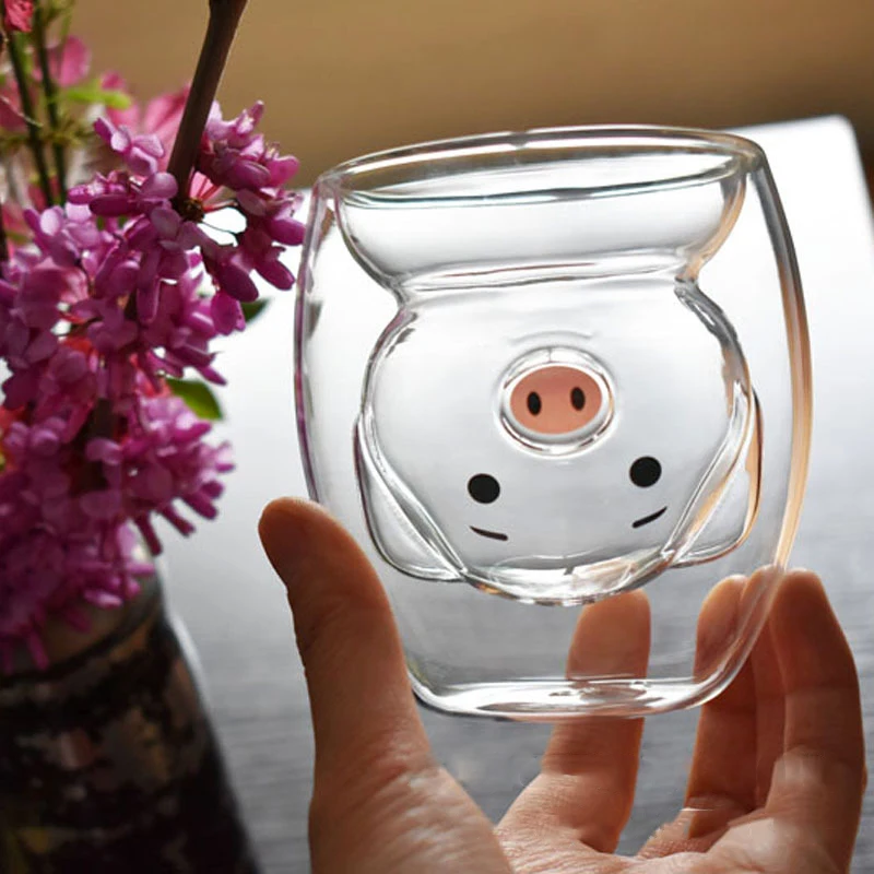 

250ML cartoon pig double-layer glass cute animal coffee mug double-layer anti-scalding milk Breakfast cup funny mugs