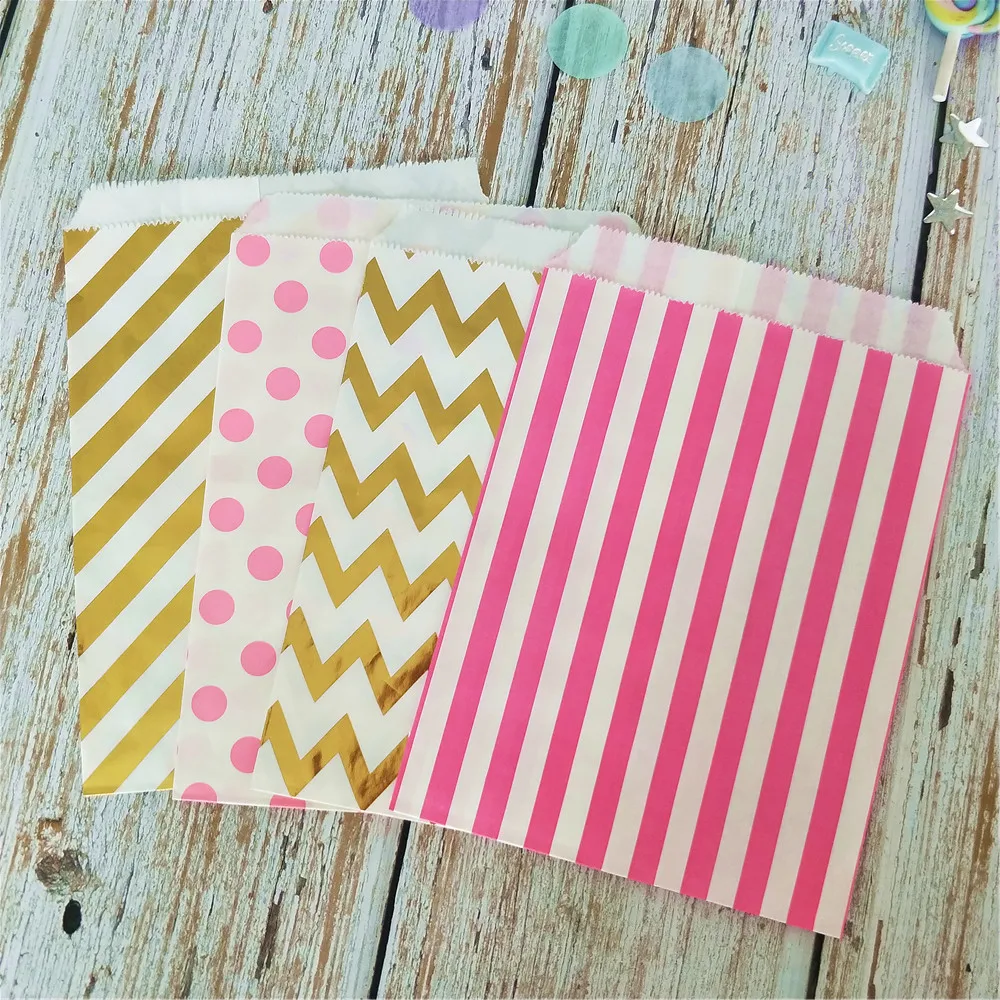 

100pcs Mixed Foil Gold Pink Stripes Polka Dot Paper Bag 5x7 Inch Bigger Candy Paper Bag Wedding Favor Gift Decor