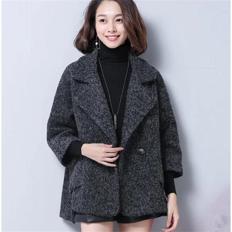 

2019 Winter Clothing Short Wool Coat Women Coat Korean Autumn Woolen Coat Fashion A buckle Nine points sleeve Jacket Cloak type