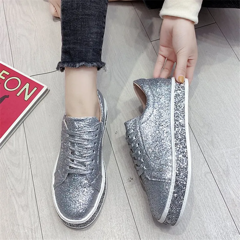 Sequin Platform Shoes Size 42 43 Lace Up Flat Shoes Woman Silver Black Pink Lace Up Comfy Casual Shoes Women Chunky Sneakers