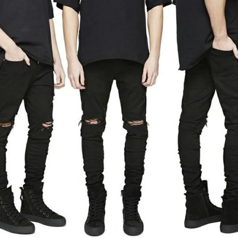 Джинсы-Карандаш мужские стрейчевые дышащие зауженные штаны с дырками большие