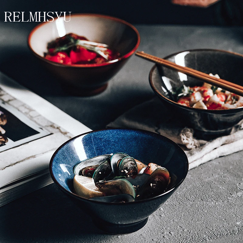 

1PC 6InchRELMHSYU Japanese Style Ceramic Noodle Soup Fruit Salad Dinner Bowl Household Tableware