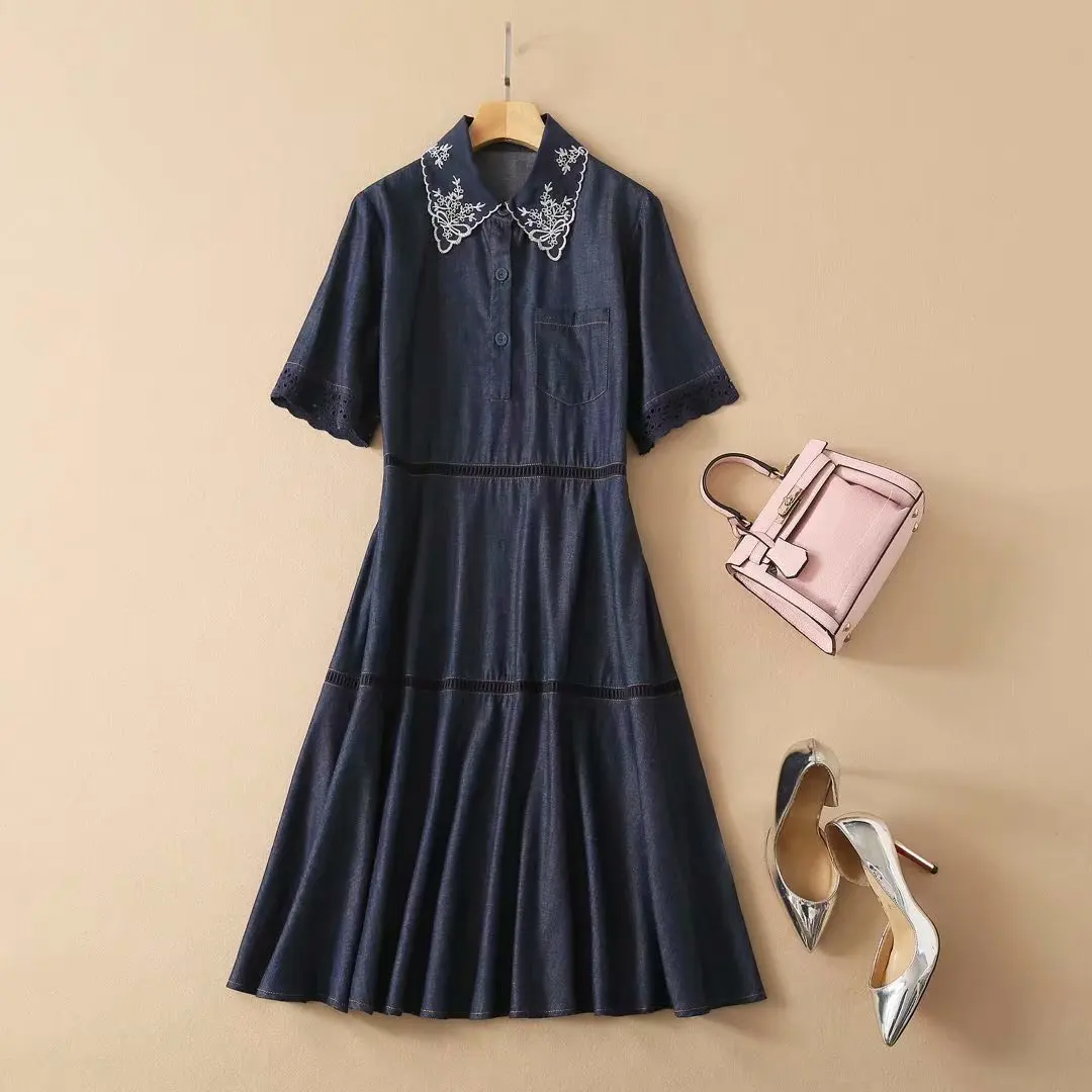 

High Quality Nice Summer New Vogue Cowboy Dresses Woman's Short Sleeve Lapel Retro Embroidered Collar Hollow Out Denim Dress