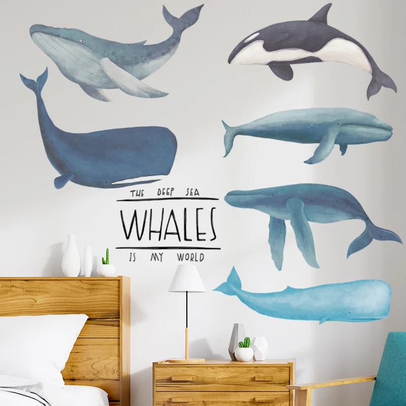

Removable Wall Sticker Cartoon Whale Marine Animal Self-adhesive Wallpaper Wall Decoration for Kid's Room Decal Bedroom Decor