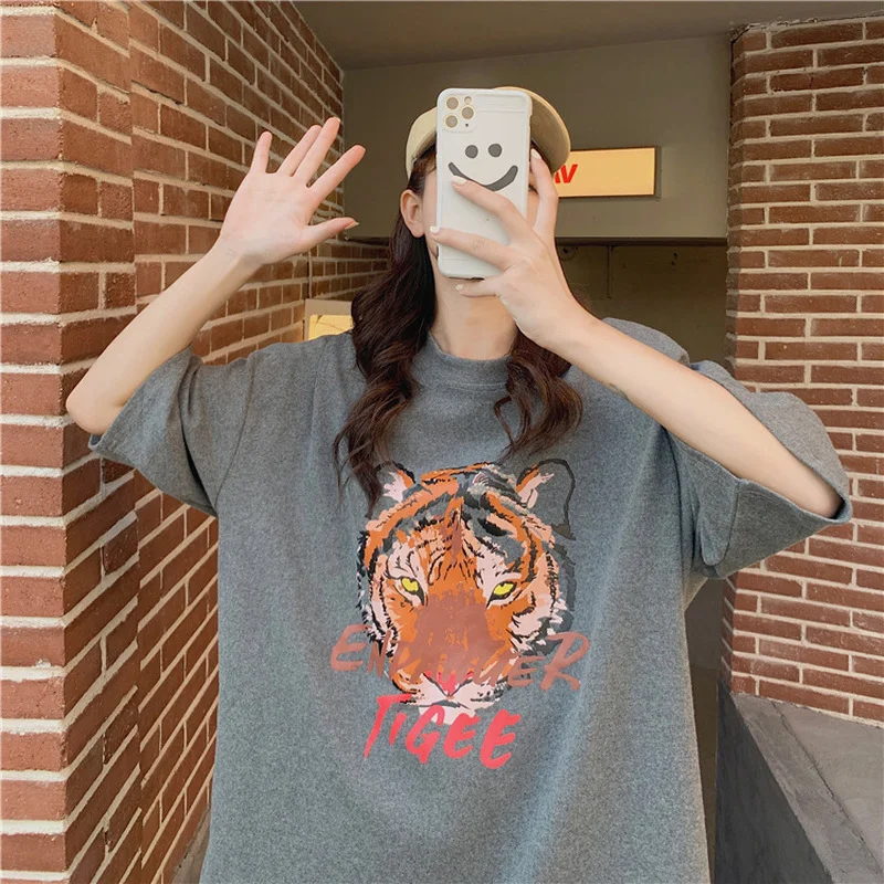 

Boho White Tiger Head Graphic Tees Women Cotton Short Sleeve O Neck Tshirt Shirts New Fashion Women T-shirt Casual T Shirts 2021