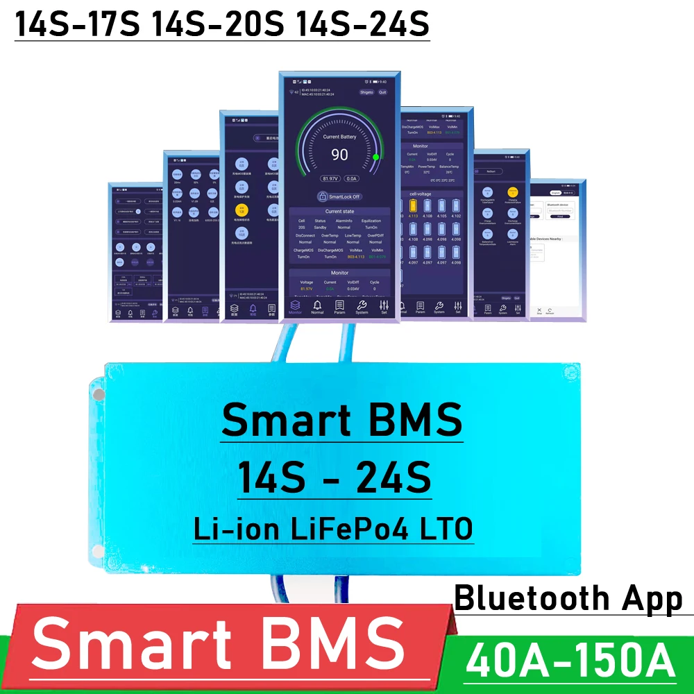 

Smart BMS 14S - 24S 40A 80A 100A 150A Li-ion LiFePo4 lithium Battery Protection Board Balance Bluetooth 16S 17S 20S 48V 60V 72V