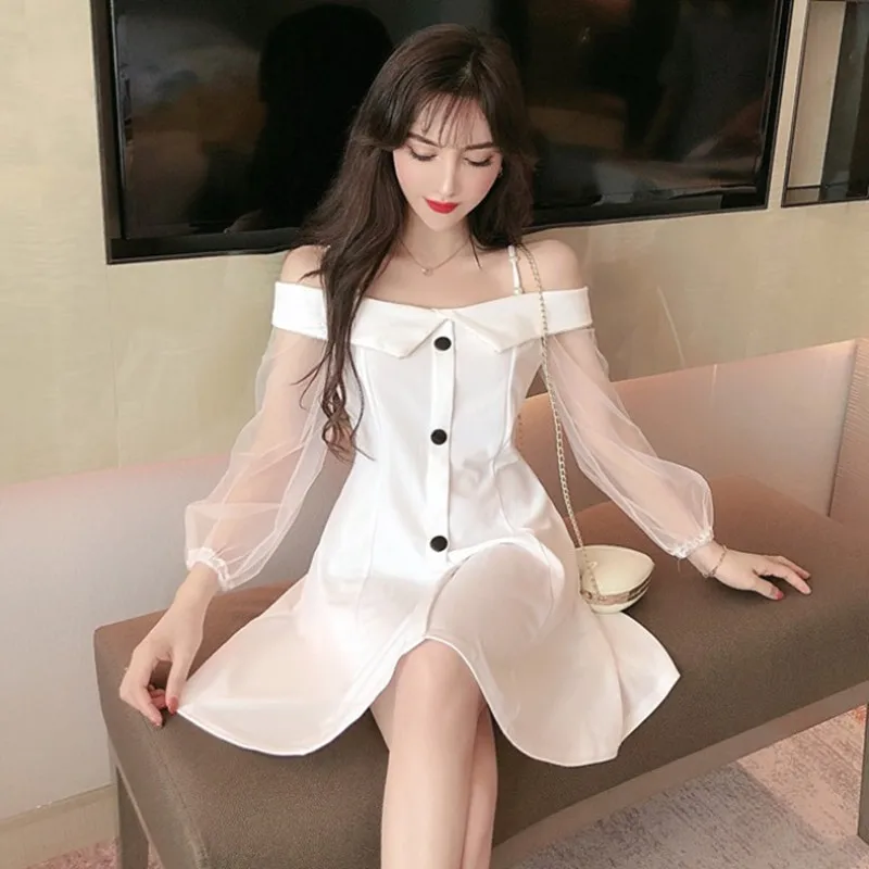 Элегантное Белое Платье на пуговицах спереди женское привлекательное весеннее