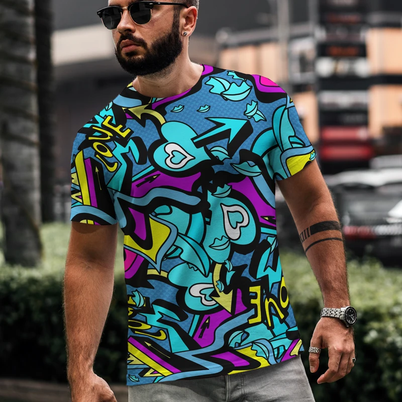 

Men's fashion 3D street graffiti T-shirt short sleeve round neck fashion trend big T-SHIRT modern element stitching pattern