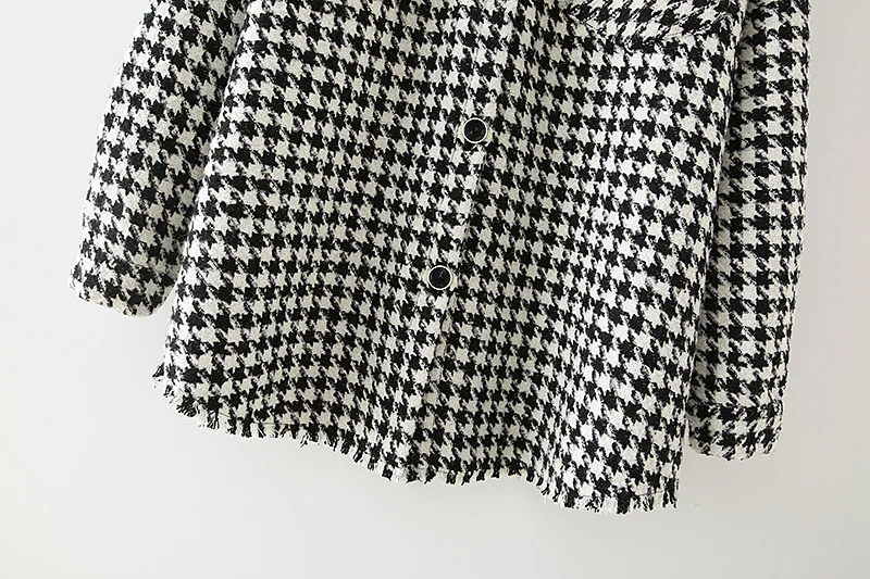 

Fashion Women Oversized Houndstooth Frayed Tweed Jacket Coat Vintage Long Sleeve Pockets Female Outerwear Chic Top
