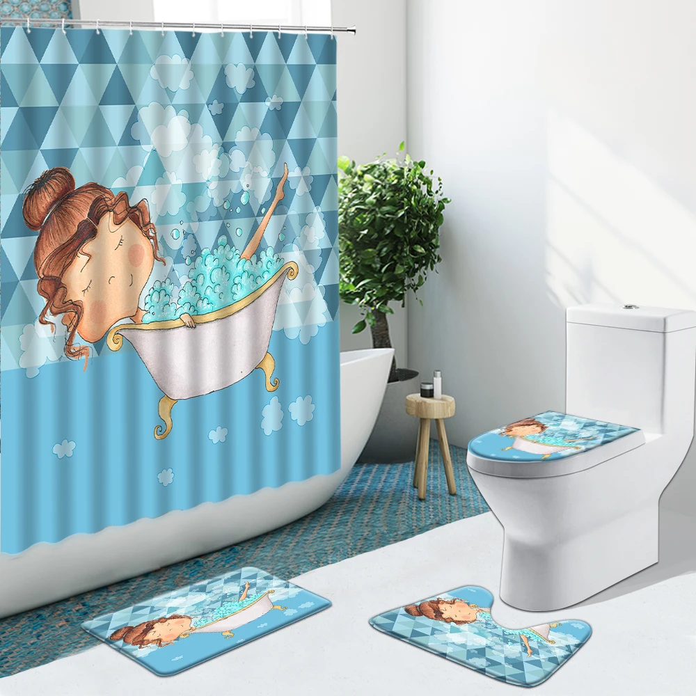 

Cute Yellow Duck Waves Bathroom Set Cartoon Bathing Pig Shower Curtain Non-Slip Rugs Flannel Toilet Cover Bath Mat With Hooks