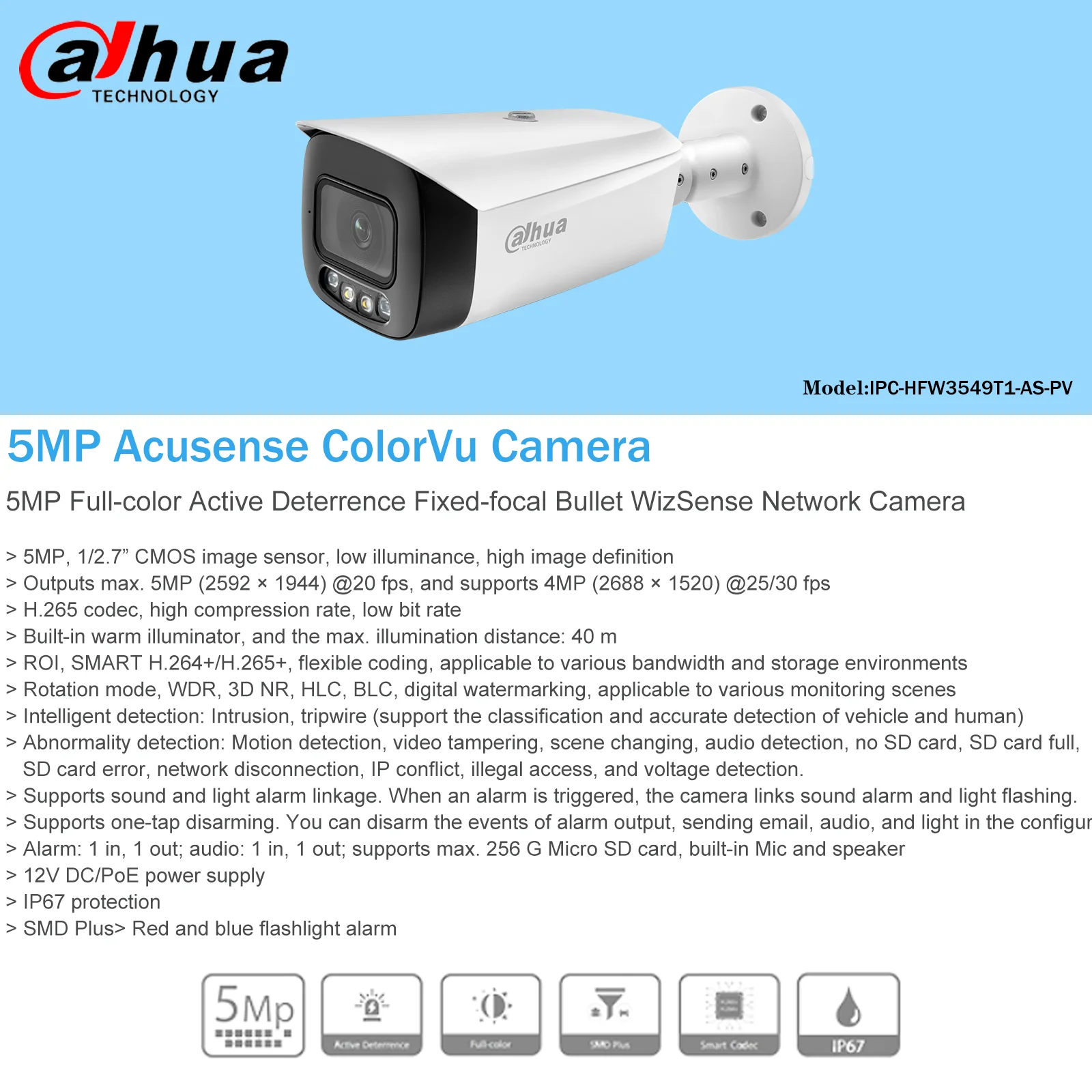 IP-камера Dahua WizSense 5 МП полноцветная IPC-HFW3549T1-AS-PV POE встроенный микрофон активное