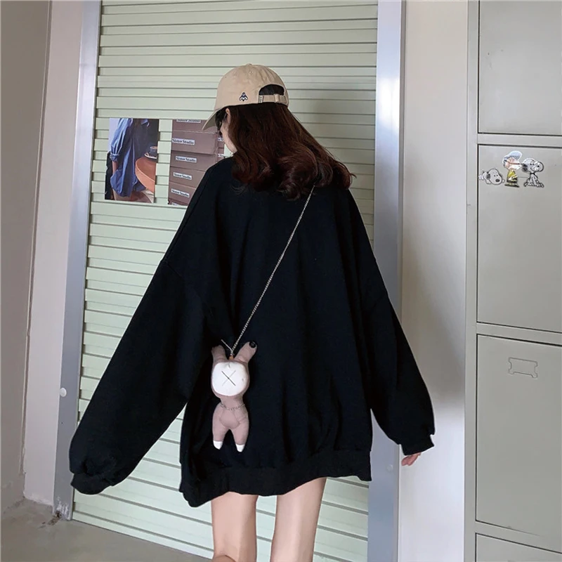 

2021 Spring Autumn New Korean Women Sweatshirt Casual O Neck Mid Length Pullover Fashion Cartoon Print Sweatshirt Women