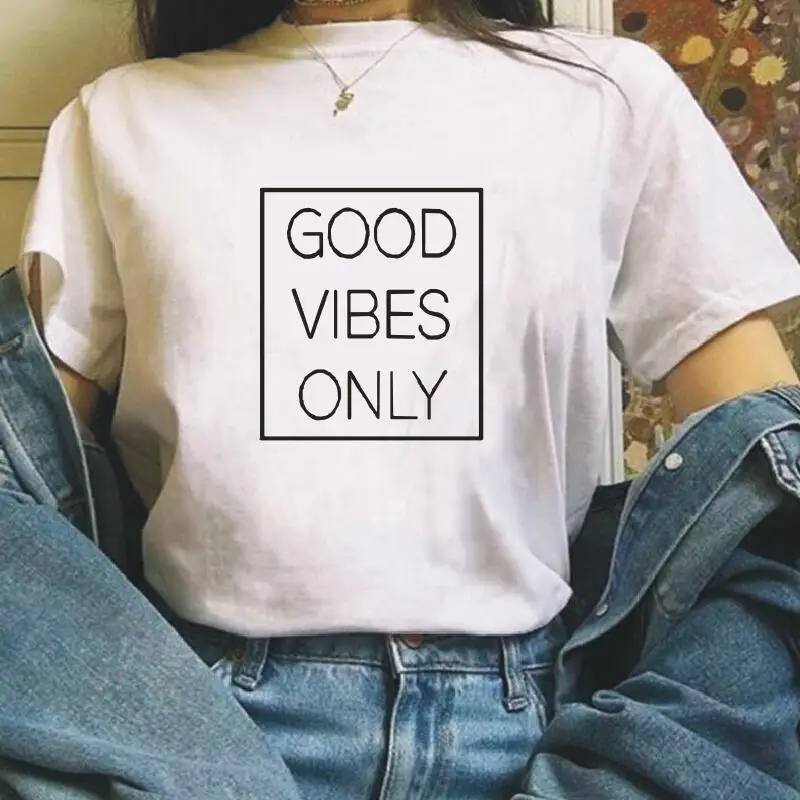 Good Vibes Only забавная хлопковая Футболка Для женщин топы Новые летние! Модное платье