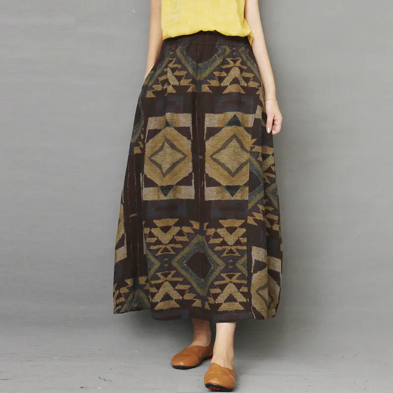 

Retro Ethnic Style Floral Cotton and Linen Skirt 2020 Spring and Autumn New Literary Pocket A-line Skirt Loose Faldas Mujer r332