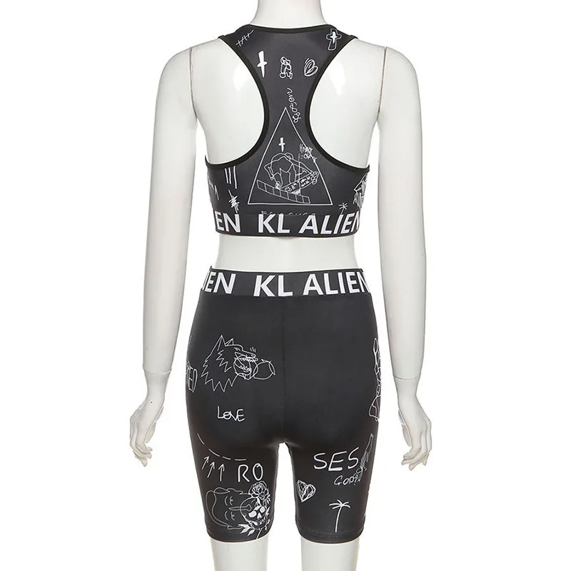 

2021 Euro American summer new sleeveless print sexy low cut open navel vest Yoga Fitness two piece suit