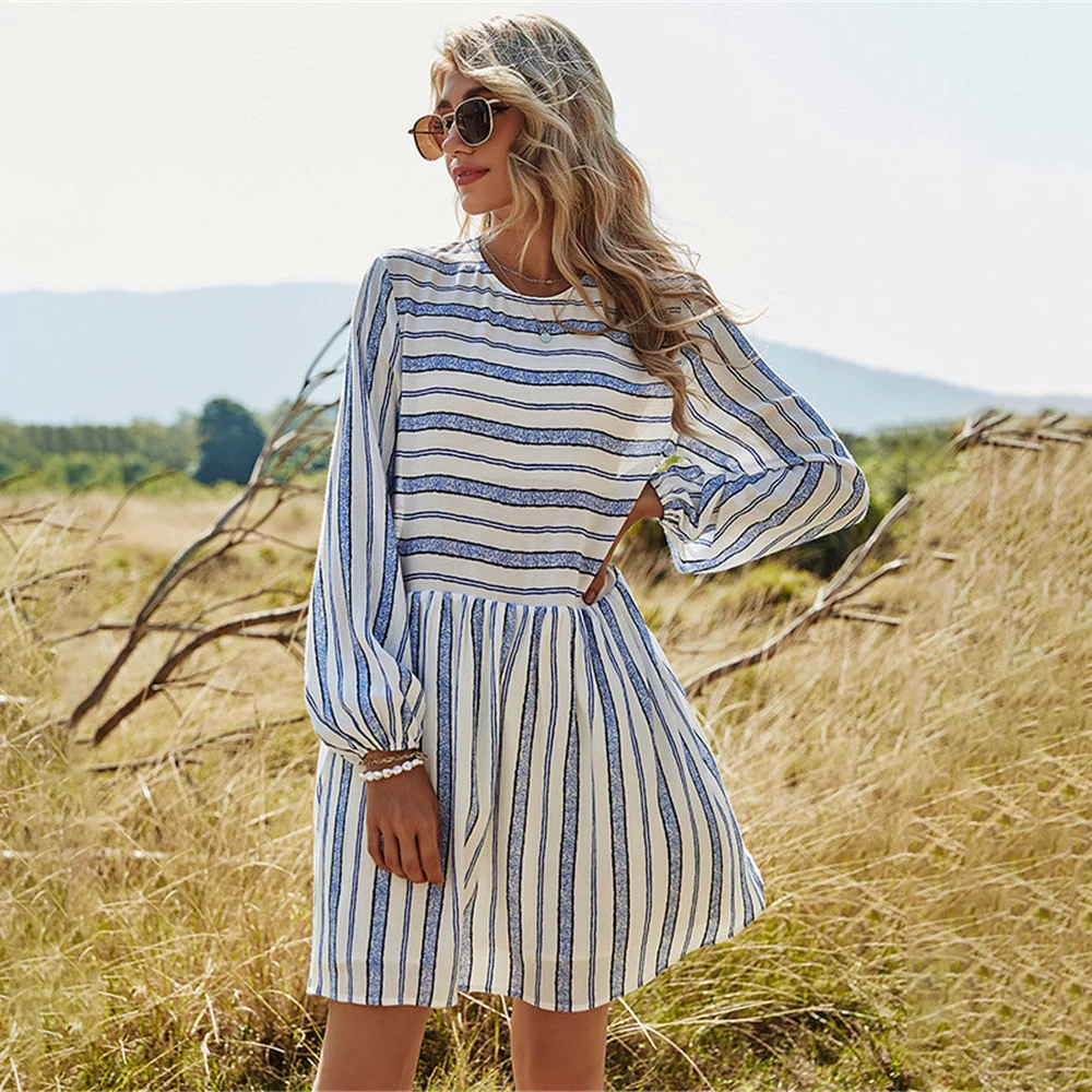 

Patchwork Striped Print Dress For Women 2021 New Spring Clothes A Line Puff Sleeve O Neck Ladies Casual Elegant Blue Dresses