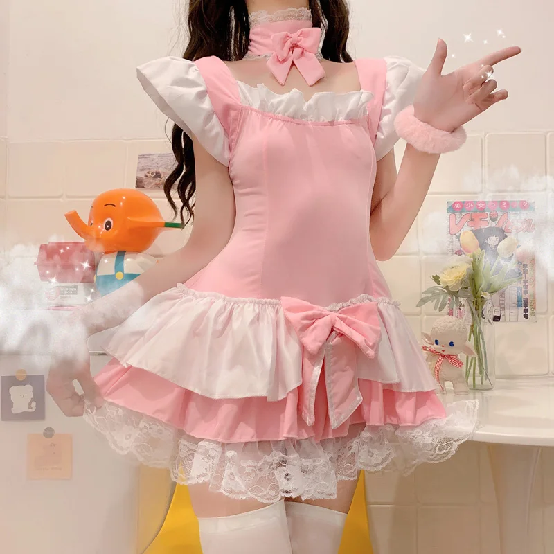 

Kawaii Lolita Summer Dress Soft Girls Japanese Cute Cosplay Maid Mini Dresses Lace Lace Up Stitching Bow Backless Pajama Dress