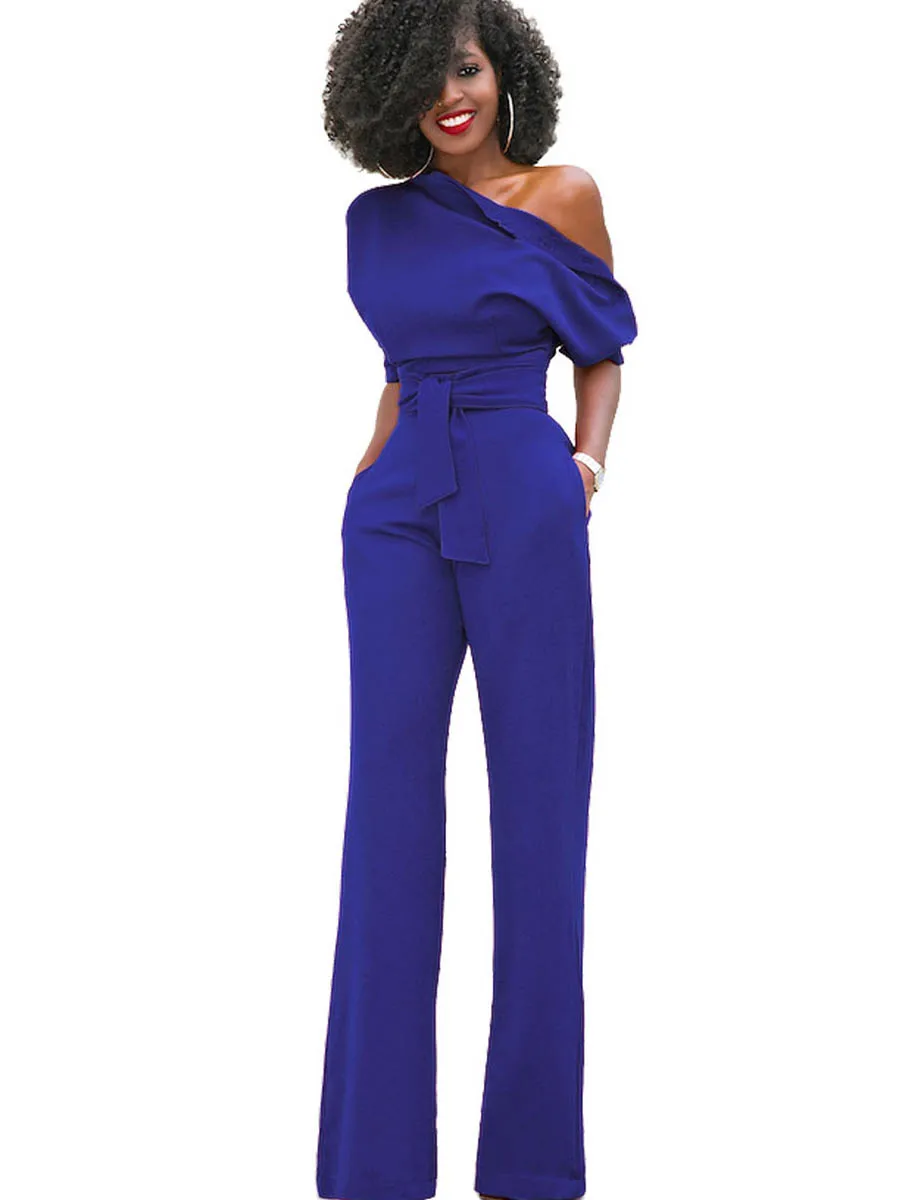 

Jumpsuit Set Asymmetric Oblique Shoulder Plain Jumpsuits High Waist Belt Office Leisure Straight Wide Leg Pant Clearance Sale