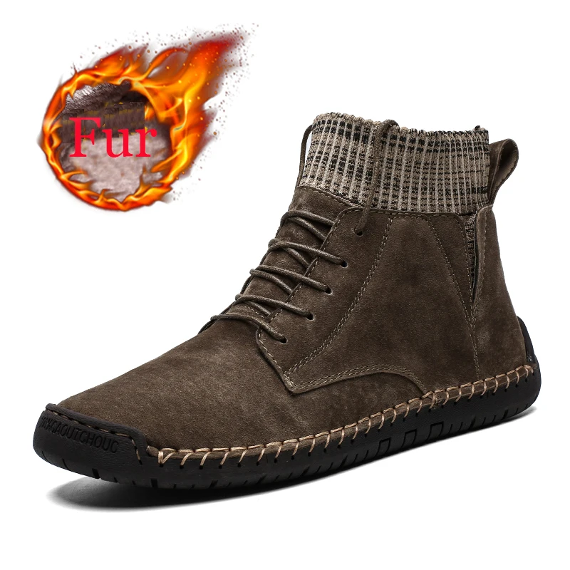 Khaki with fur Брендовые мужские ботинки из замши; зимние ботинки; мужские плюшевые теплые мотоциклетные ботинки; водонепроницаемые ботильоны; Мужская Рабочая обувь; большие размеры - Цвет: Khaki with fur