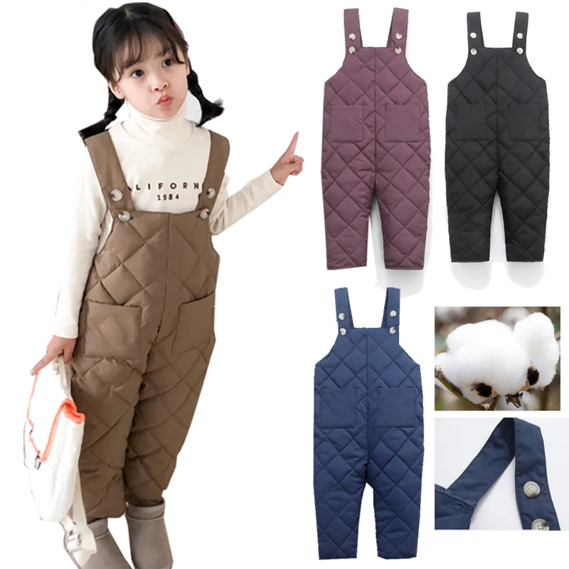 2019 г. Зимние теплые комбинезоны для маленьких девочек и мальчиков детские штаны с