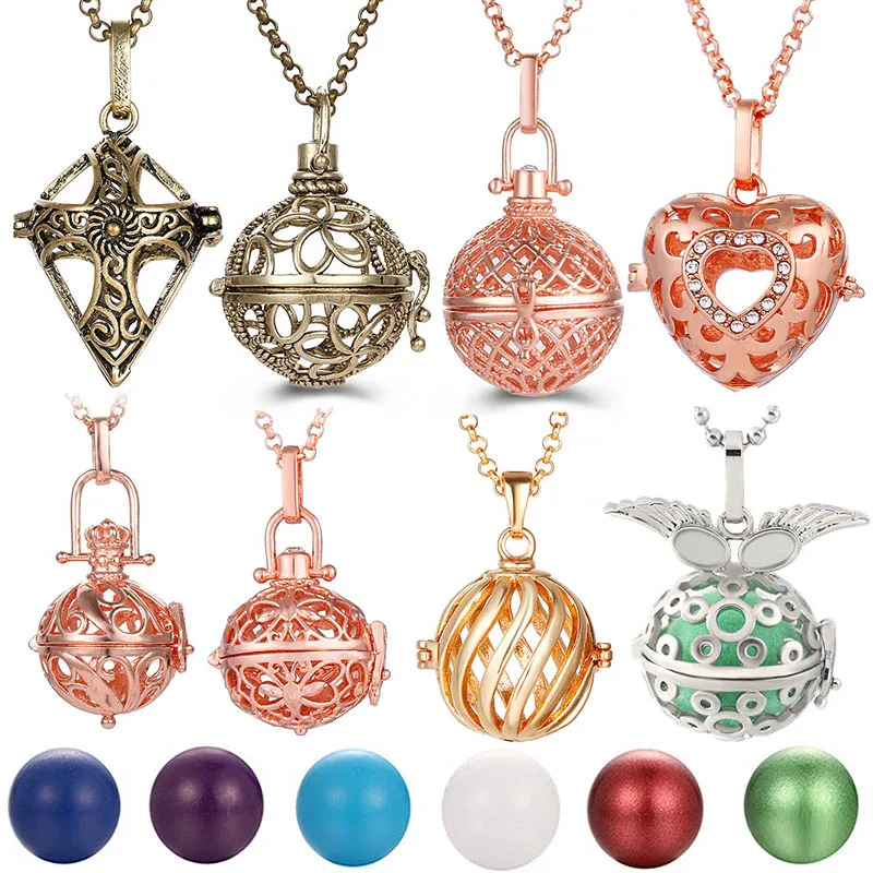 

New Charm Mexico Essential Oil Necklace Angel Wings Vintage Hollow Jewelry Music Ball Christ Cross Heart Style Pregnancy Pendant