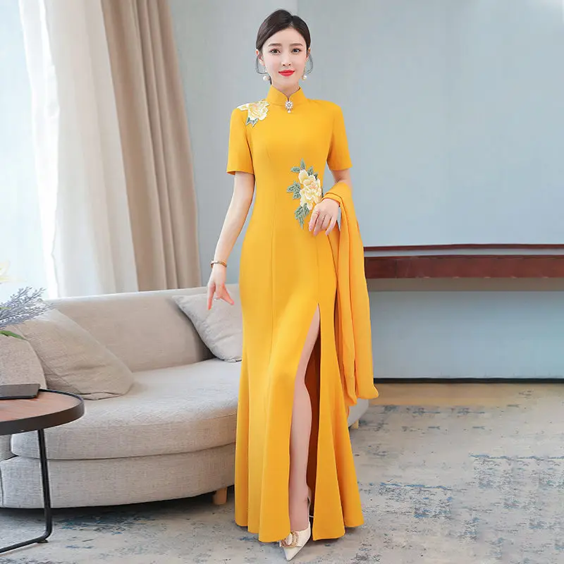 

Женское длинное элегантное платье Qipao, желтое платье с высоким разрезом в китайском стиле, модель 2021 г., zh956, Ципао для подиума
