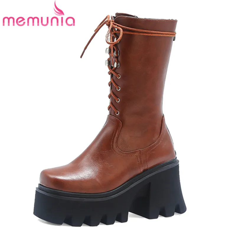 

Женские ботильоны на платформе MEMUNIA, осенне-зимние ботинки на Высоком толстом каблуке, с круглым носком, на шнуровке, 2020