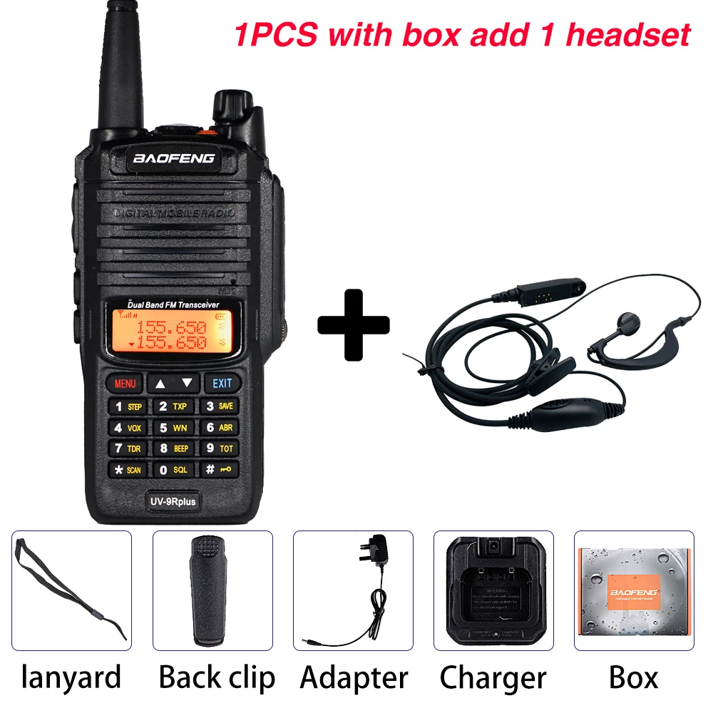 box With Earphone Baofeng UV-9R plus Walkie Talkie IP67 Водонепроницаемый главный динамик CB радио FM приемопередатчик UHF/VHF радио 10 Вт 4800 мАч uv 9r plus - Цвет: box With Earphone