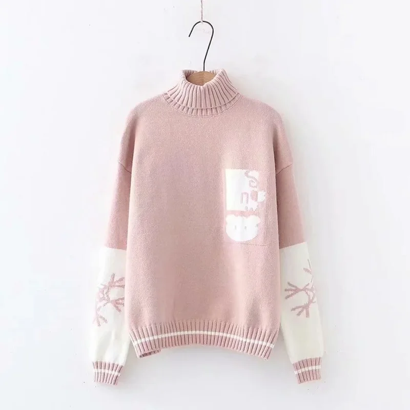

Women Autumn Winter Sweaters Turtleneck Drop Shoulder Long Sleeve Cartoon Pattern Hit Color Loose Pullovers Casual Warm Jumpers