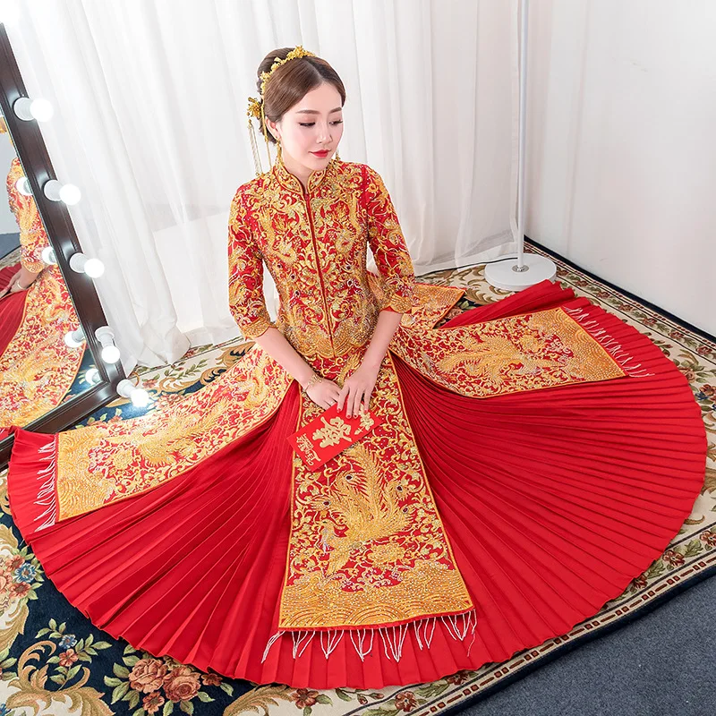 

Plus Size Chinese Style Wedding Dress Rhinestone Cheongsam Exquisite Marriage Set Suzhou Embroidery Bride Costume 3XL 4XL