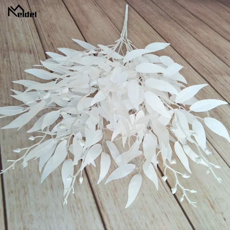 white Meldel Wedding Bouquet Decoration Artificial White Flower Plant Silk Flower Home Vase Decor Willow Leaf Green Grass Fake Flowers - Color: white