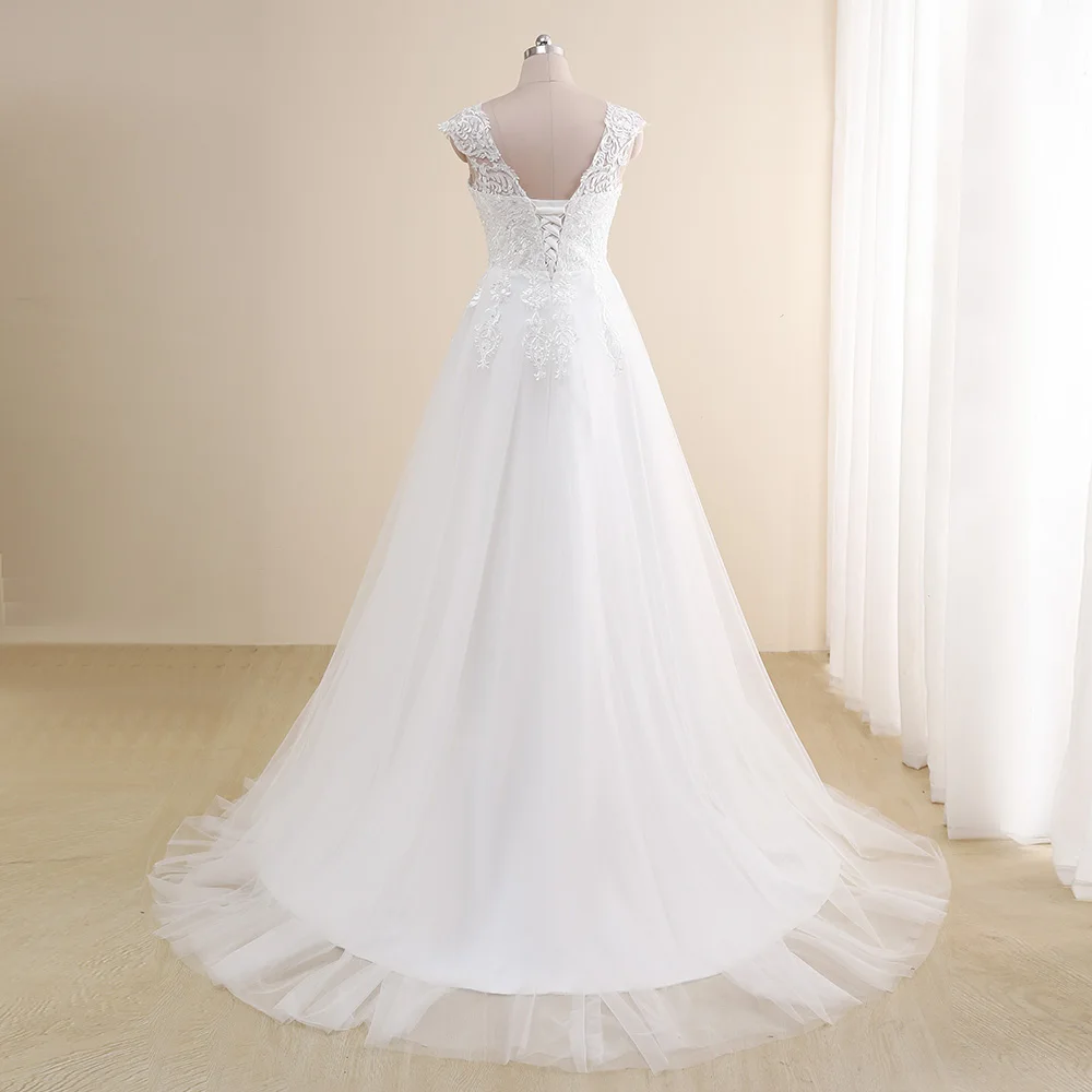 Amazing Wedding Dress Plus Size New Arrival V neck Cap Sleeve A Line Wedding Gowns Tulle Lace Applique Robe De Mariee Gown bridal shower dress