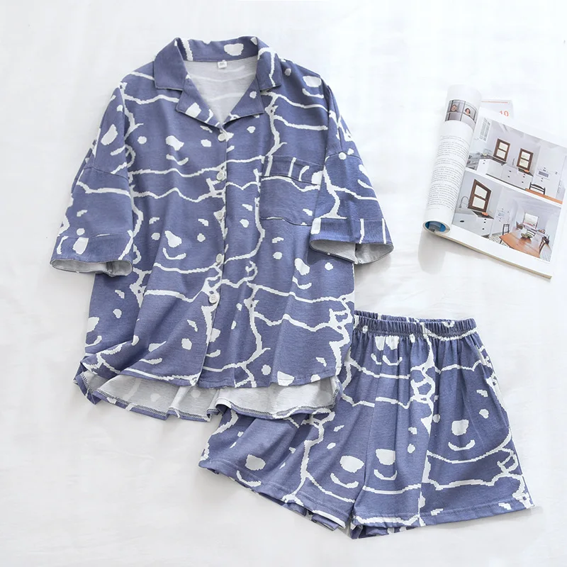 217 Thin Bear Sleepwear Cotton Pajamas For Women Sets Home Suit Turn-Down Collar Short Sleeve Sleep Tops Shorts Female Homewear