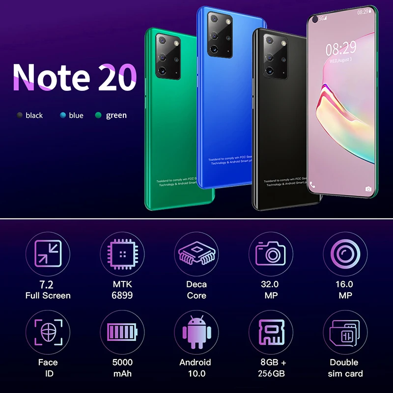 

2020 Note20 5000mAh 7.2 Inch Global Version HD Snapdragon855 8 256g Dual Card Dual Standby Fingerprint Face Unlock 100%Original
