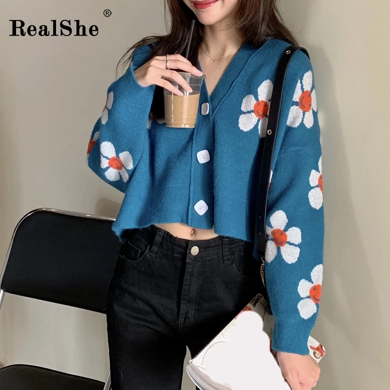 RealShe осенние свитера для женщин v-образный вырез длинный рукав пуговицы цветочный