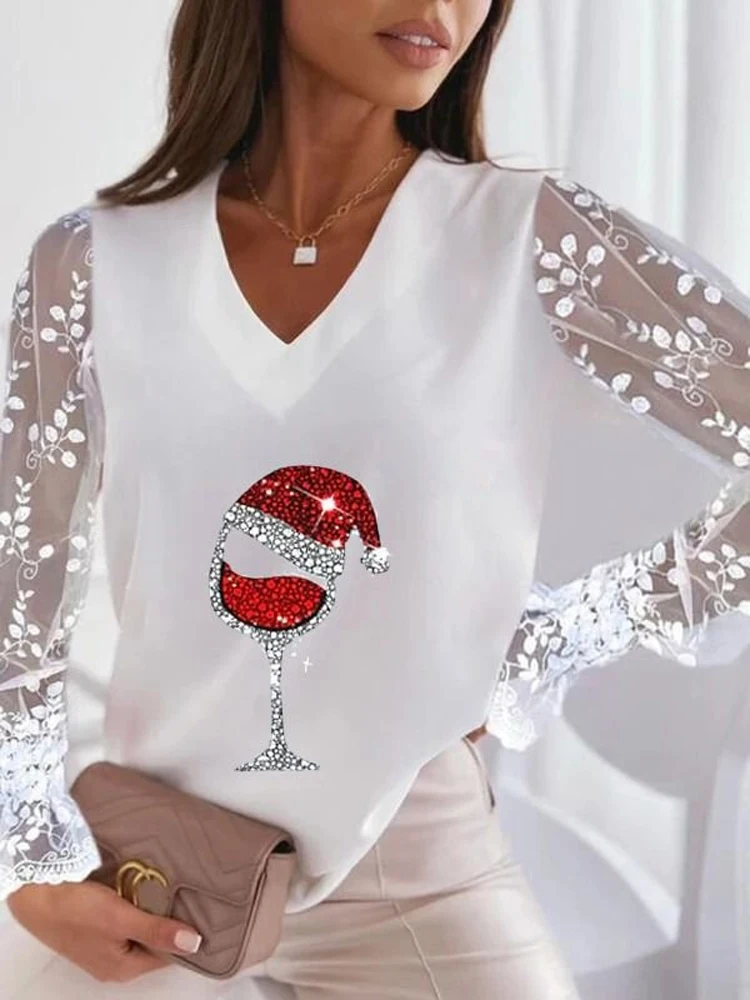 Женская рождественская одежда пикантные свободные кружевные футболки в стиле