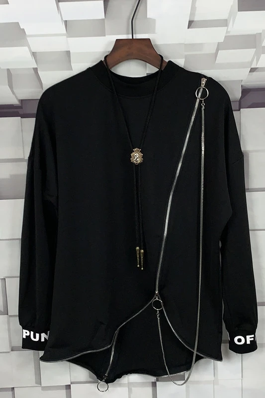 

M-XXLAutumn and winter new men's trend round neck long sleeve T-shirt personality diagonal zipper loose bat sleeve t-shirt hair