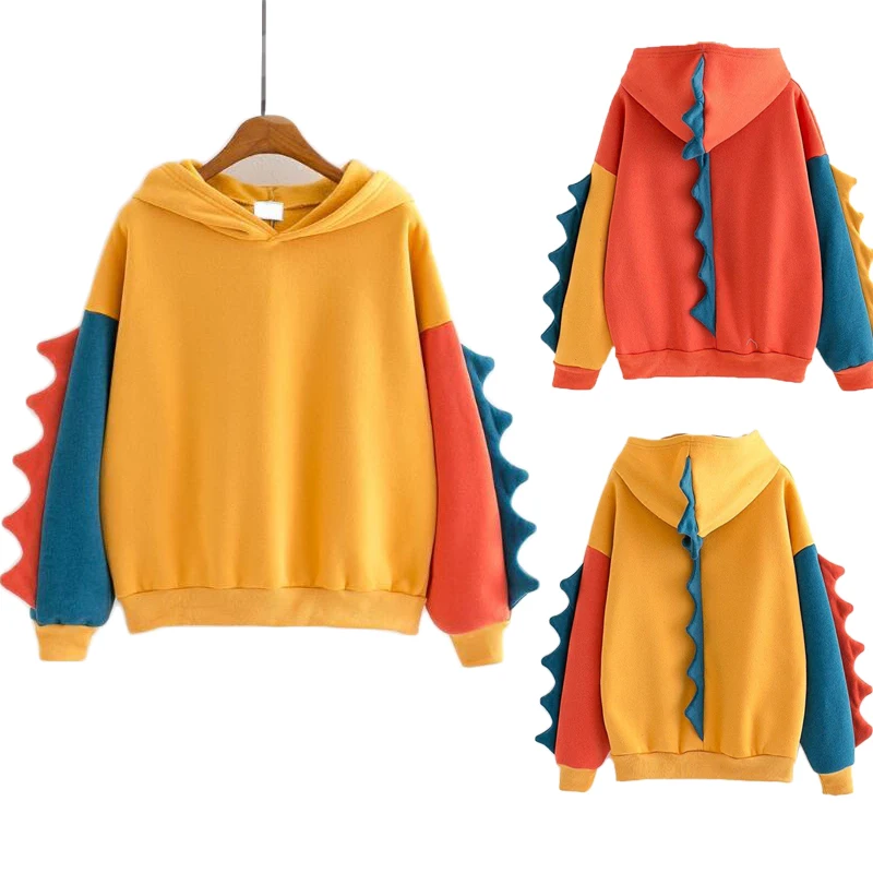 

Cute Hoodies Patchwork Winter Harajuku Kawaii Sweatshirt Women Oversize Hooded Pullover Dinosaur Cos Fall Clothes for Women