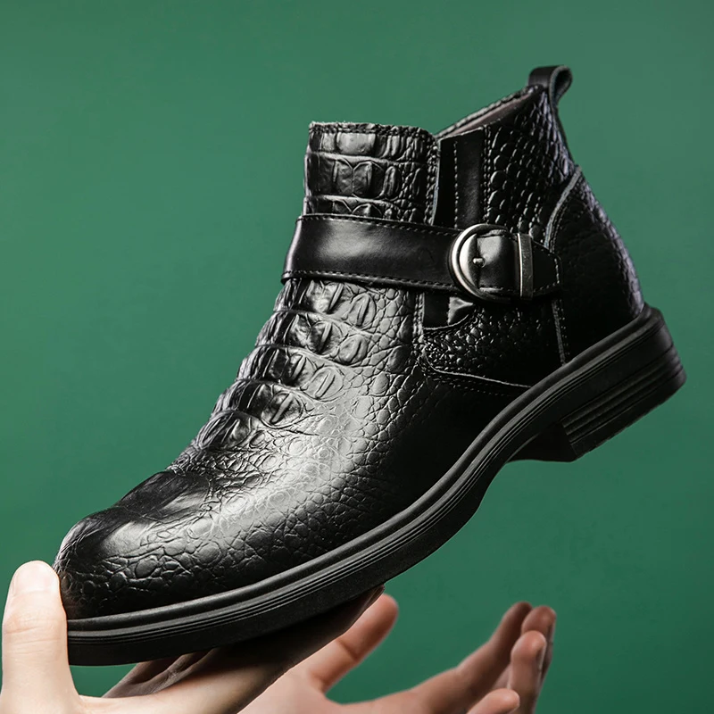 

Мужские классические туфли из натуральной крокодиловой кожи в стиле ретро с высоким верхом, деловые повседневные туфли с бархатной подклад...
