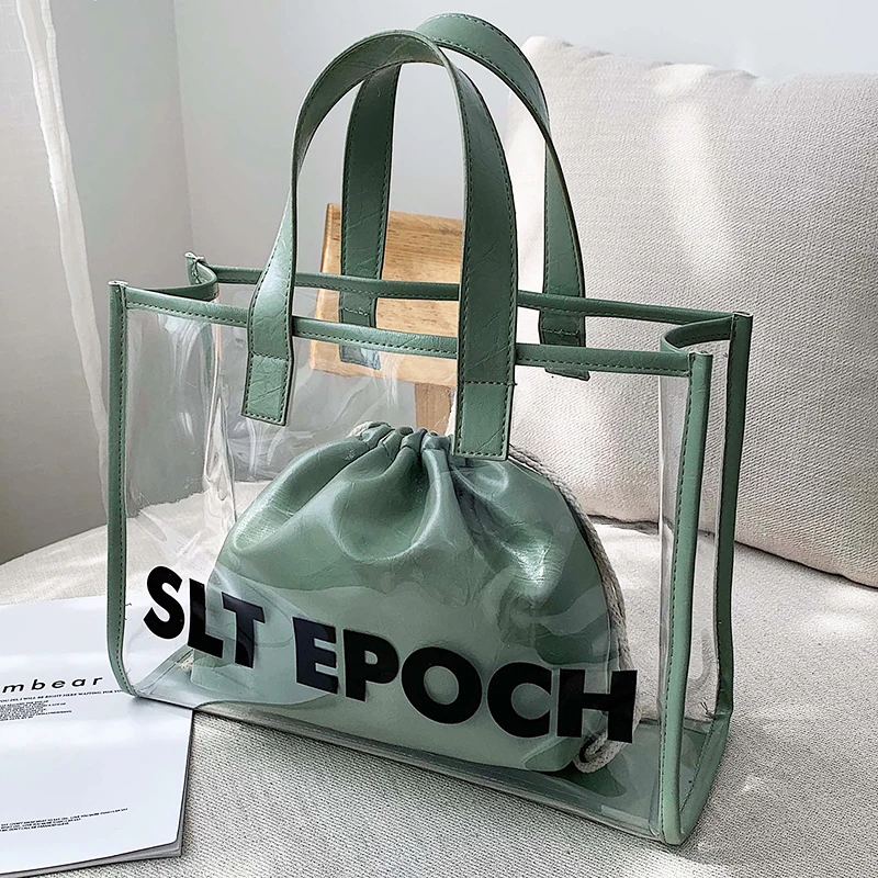 

2021 Summer Letter Graphic Casual Women's Tote Bag with Inner Pouch Clear PVC Handbags Shoulder Bag for Woman