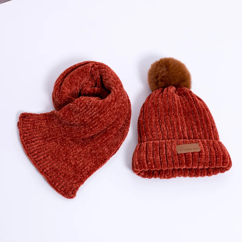 Orange Red 2Pcs 2 шт./3 шт./компл., детские наборы шарф Шапка Зимняя Теплая Бархатная шапка шарф перчатки для маленьких мальчиков и девочек, костюмы хлопковая шерсть Младенческая шапочка, шапки - Цвет: Orange Red 2Pcs
