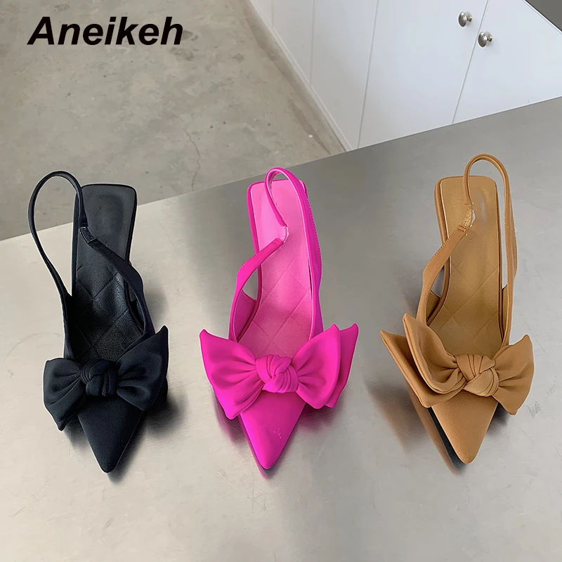

Aneikeh Summer Butterfly-knot 2022 Fashion Women Shoes Shallow Pointed Toe Pumps Sweet Thin Heel Party Black Casual Size 35-41