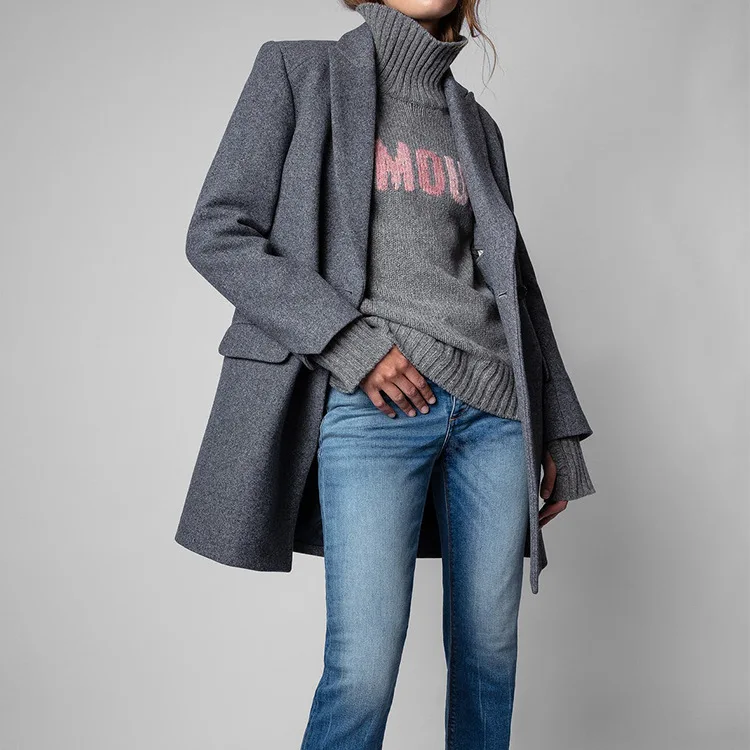 Женский свитер из шерсти и кашемира серая Повседневная Водолазка с длинным