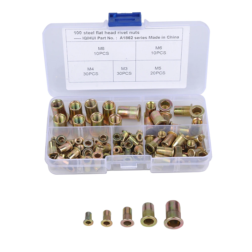 

100PCS/Set M3/4/5/6/8 Rivet Nut Carbon Steel Flat Head Threaded Rivet Nut Sert Cap Assortment Tool Kits