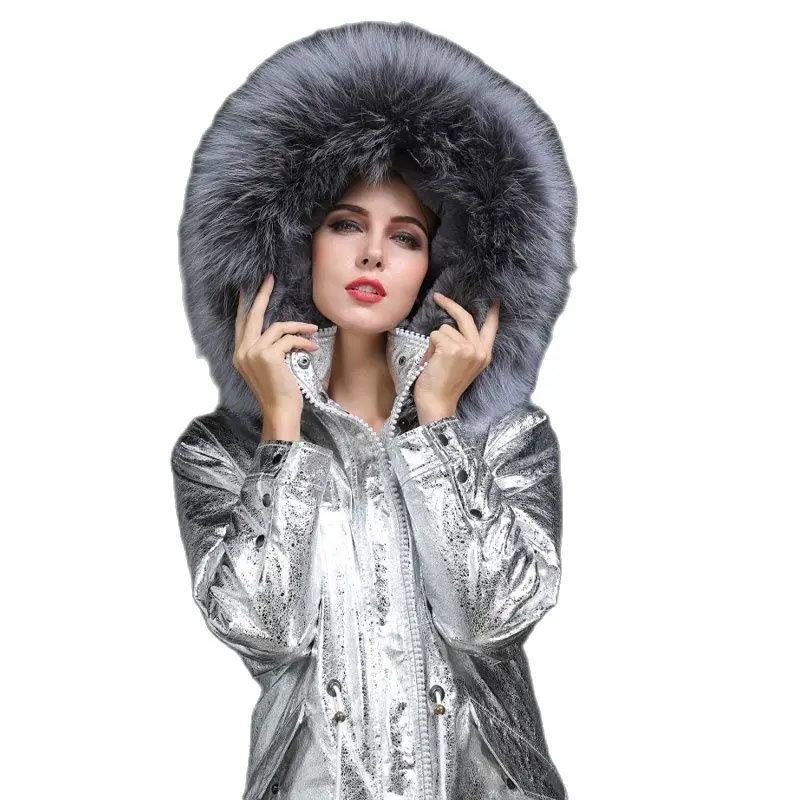 Женский Длинный тренчкот из серебристой кожи на двойной молнии Повседневная